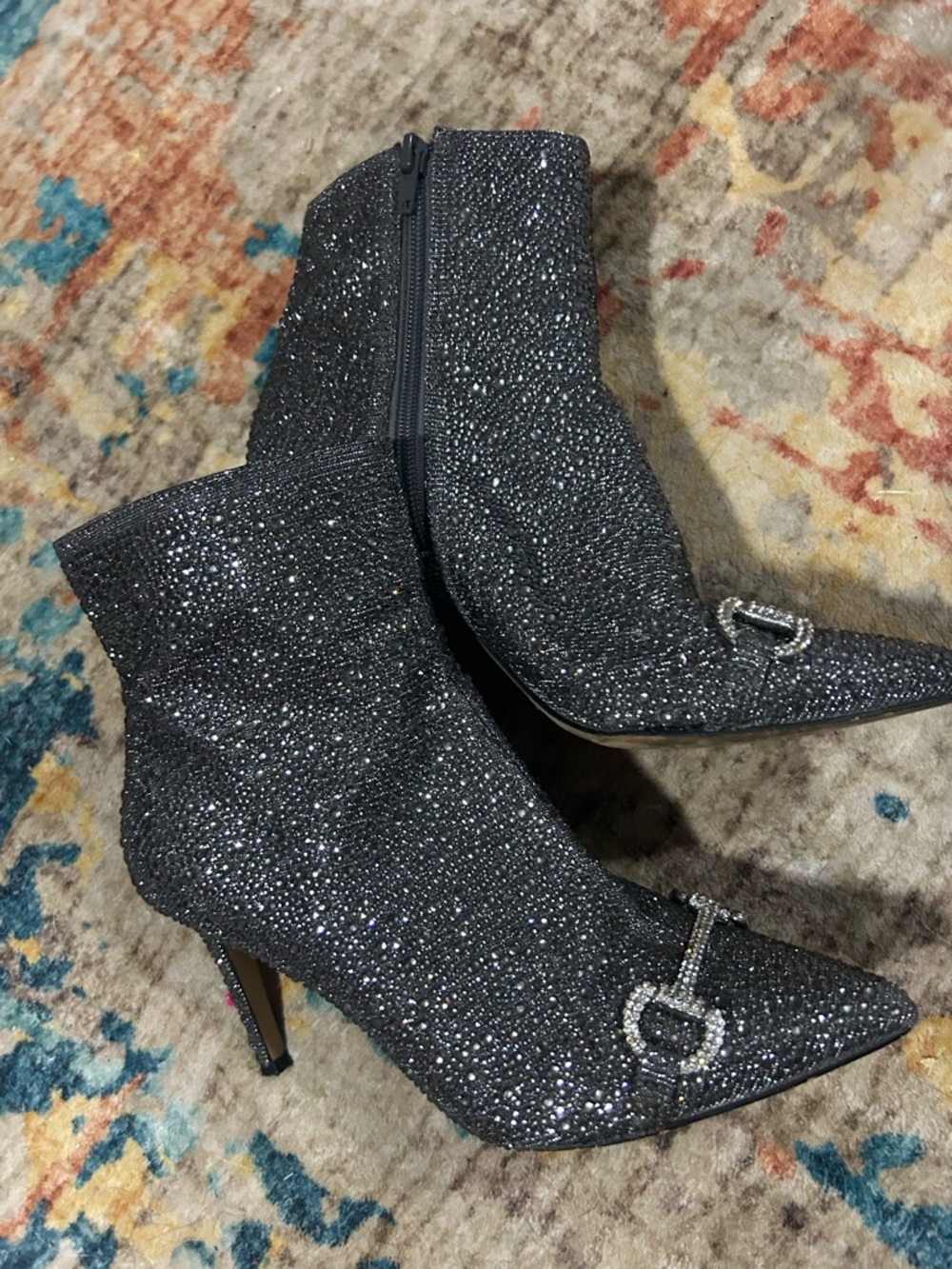 INC International Concepts Black Glitter Crystal Embellished Pointed Toe Booties - Picture 3 of 5